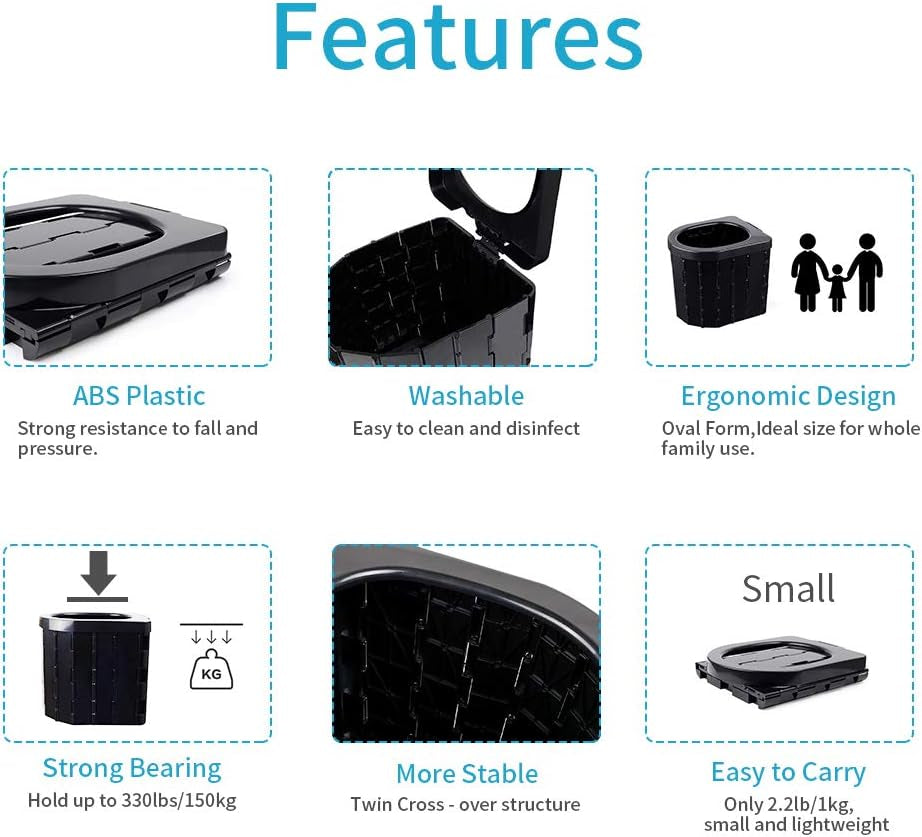 Portable Toilet Folding Camping Toilet, Car Toilet Outdoor Toilet Travel Potty Perfect for Camping, Hiking, Traffic Jam, Long Trips (Black)