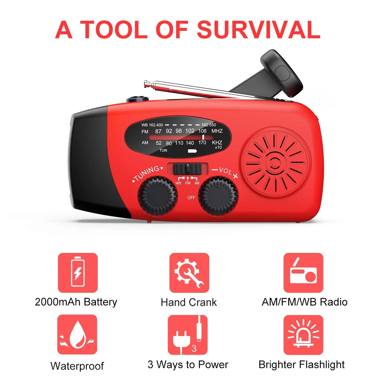 NOAA Weather Radio, AM FM WB Hand Crank Emergency Radio, 2000Mah Rechargeable Power Bank for Phone Charger Portable Solar Radio, Weather Alert, Flashlight for Emergency