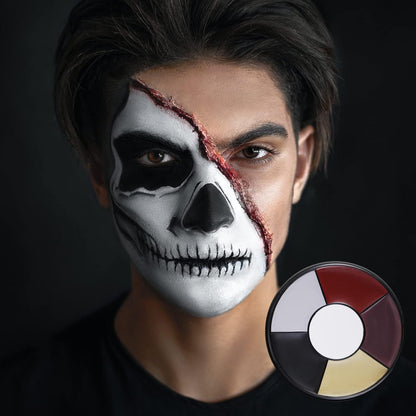 Clown White Face Paint Palette, Master Disaster Wheel, Joker Skeleton Makeup Red Black White Face Paint 6 Colors Body Paint with 8 Pcs Makeup Sponges