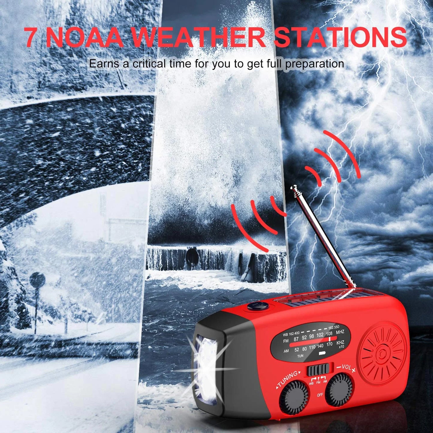 NOAA Weather Radio, AM FM WB Hand Crank Emergency Radio, 2000Mah Rechargeable Power Bank for Phone Charger Portable Solar Radio, Weather Alert, Flashlight for Emergency